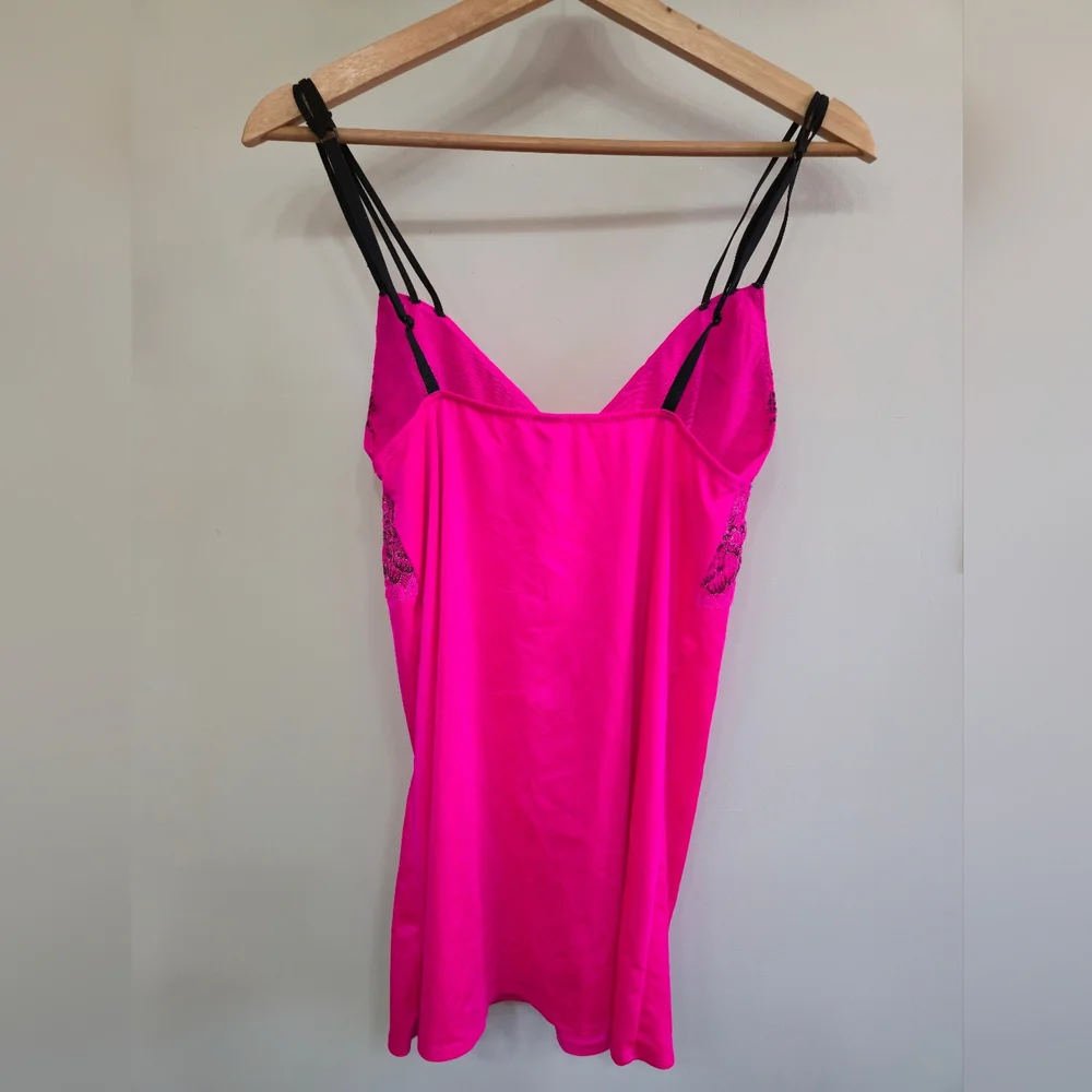 LA SENZA Hot Pink Irridescent Nighty Stretchy w Black Lace Detail, Small - Picture 7 of 9